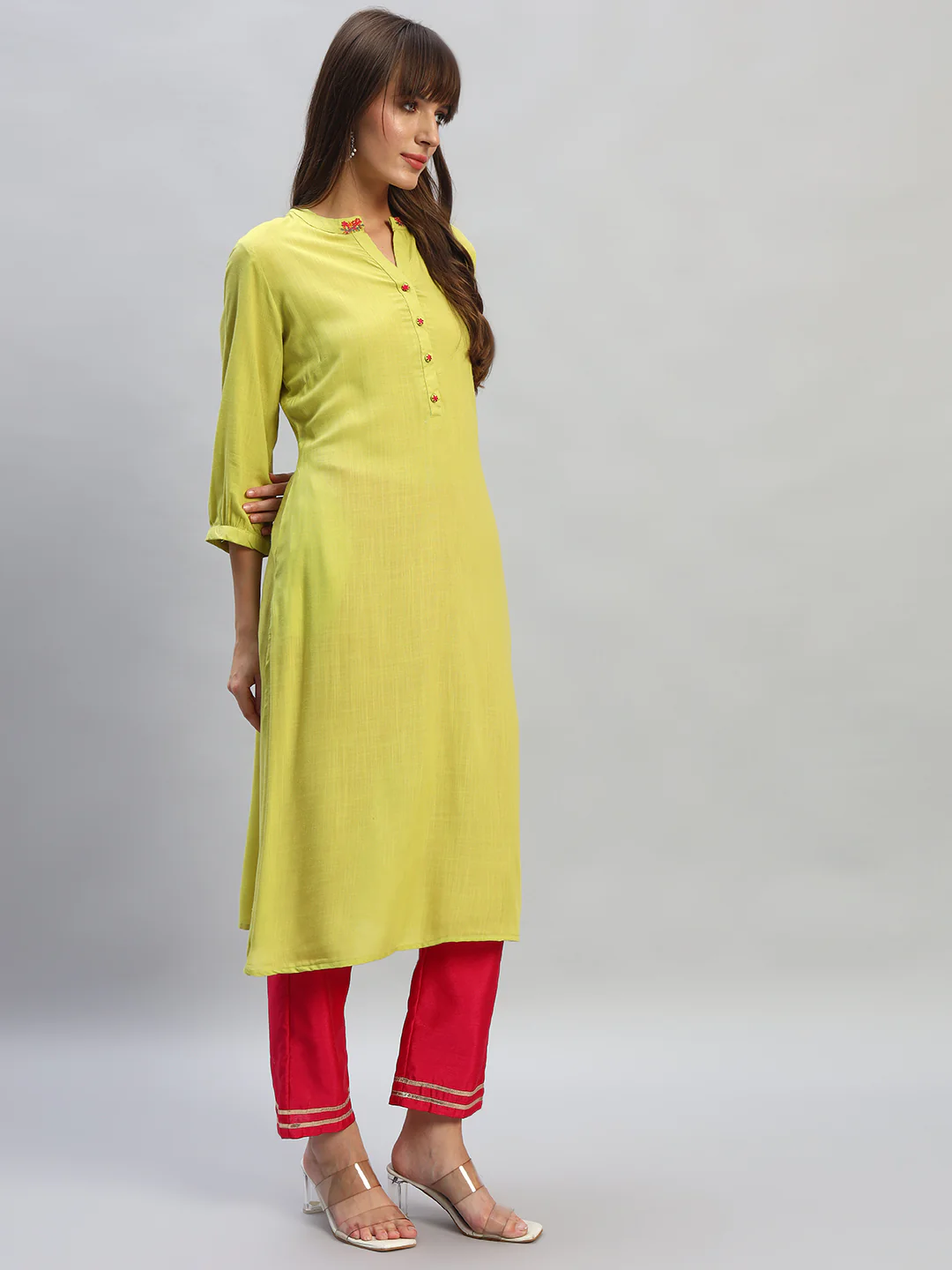 Women's Solid Green Mandarin Collar 3/4th Sleeves Casual Kurti - Image 5