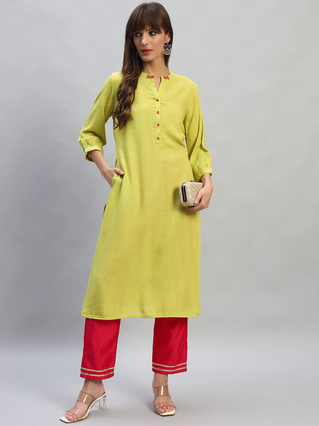 Women's Solid Green Mandarin Collar 3/4th Sleeves Casual Kurti - Image 7