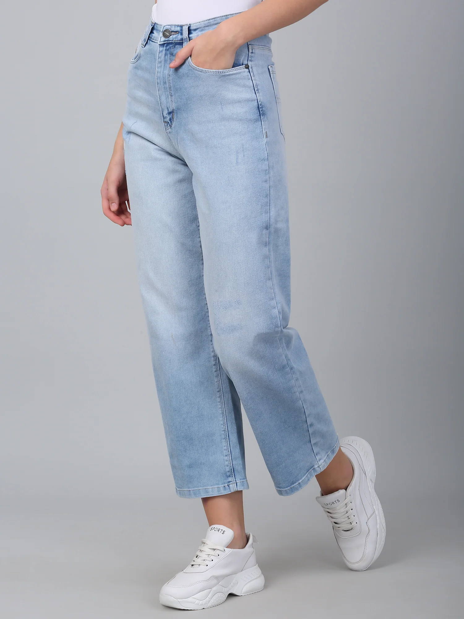 Women's Solid Light Blue Stretchable Wide Leg Jeans - Image 4
