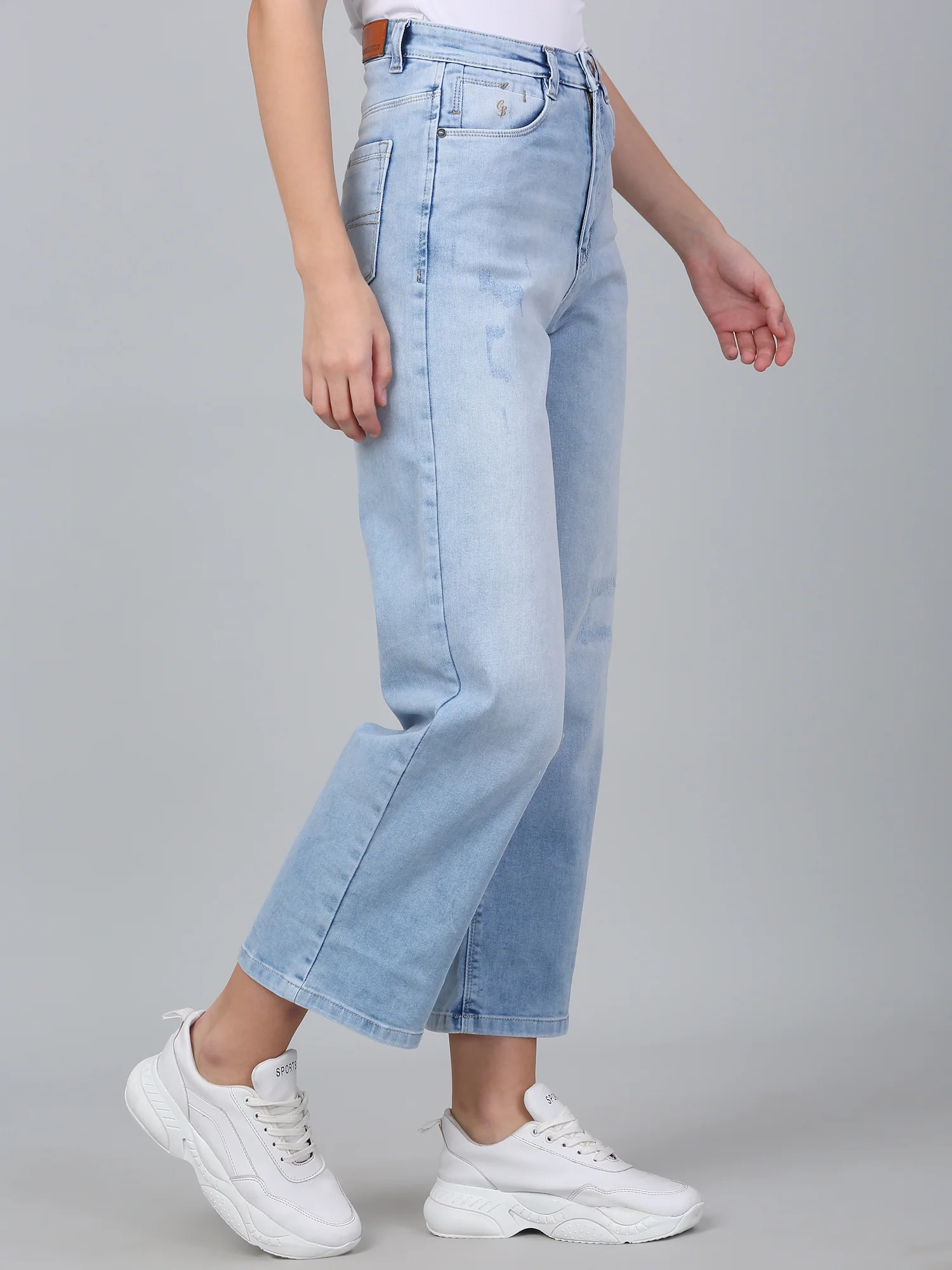Women's Solid Light Blue Stretchable Wide Leg Jeans - Image 5