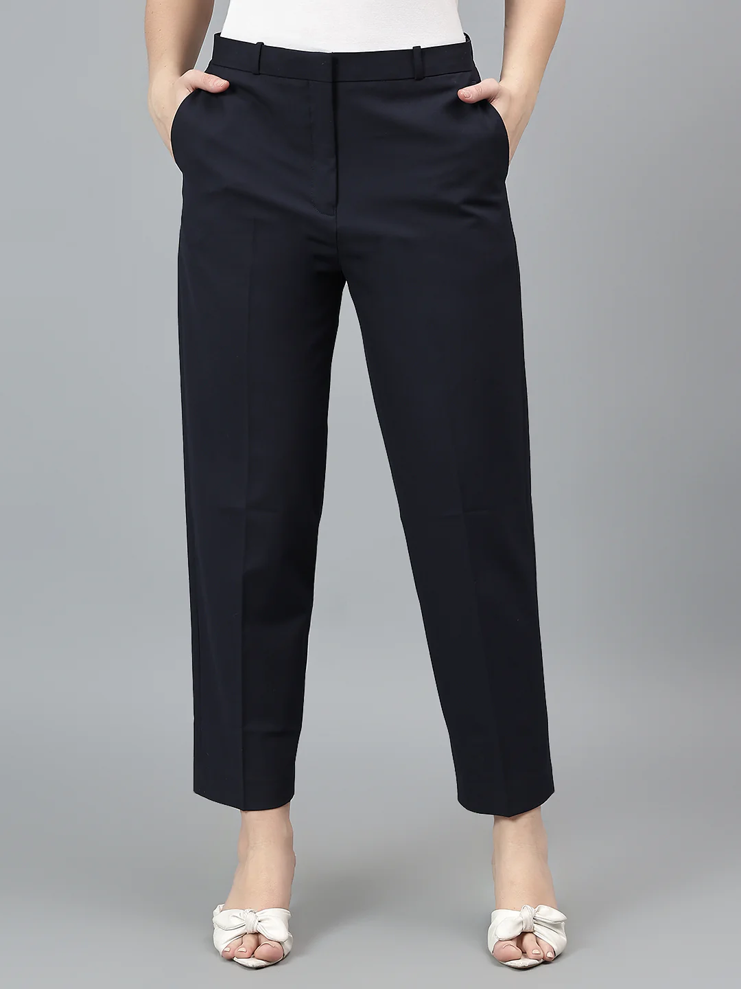 Women's Solid Navy Full length Mid Rise Trousers - Image 2