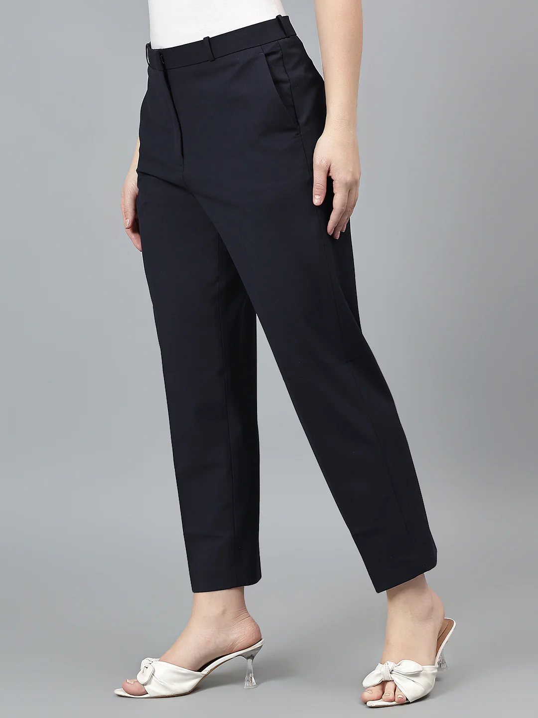 Women's Solid Navy Full length Mid Rise Trousers - Image 3