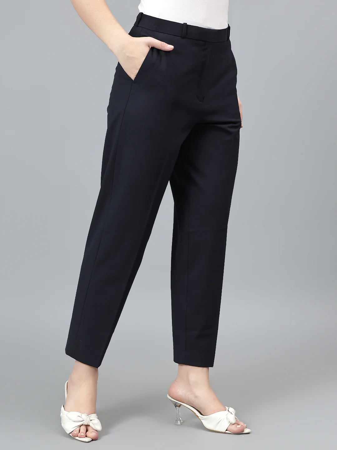 Women's Solid Navy Full length Mid Rise Trousers - Image 4
