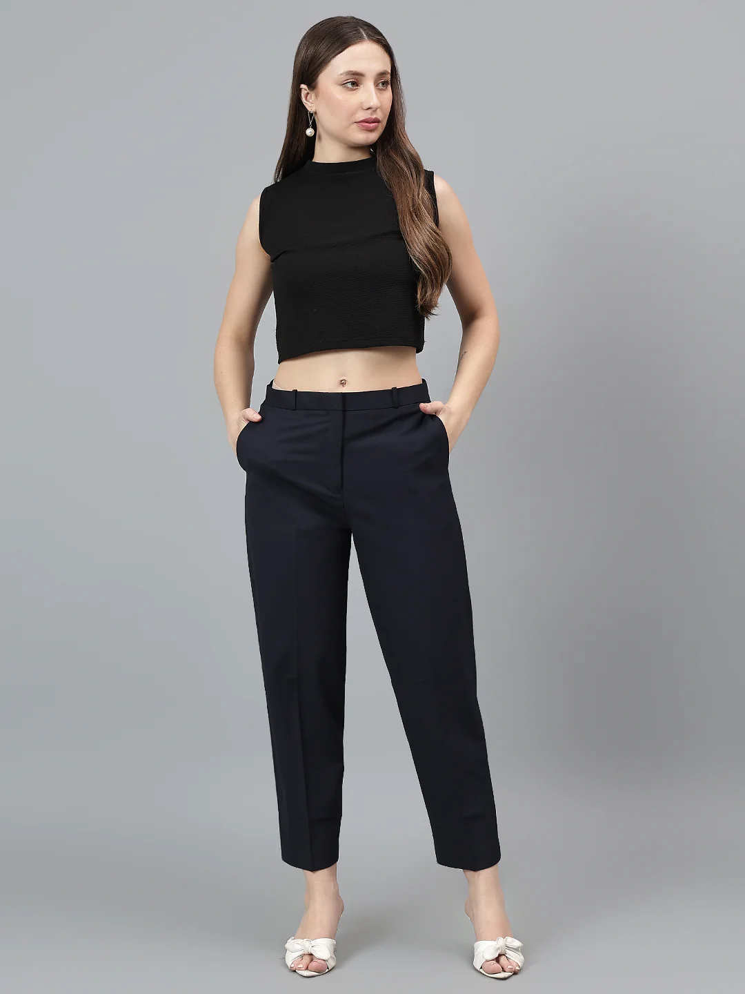 Women's Solid Navy Full length Mid Rise Trousers - Image 5