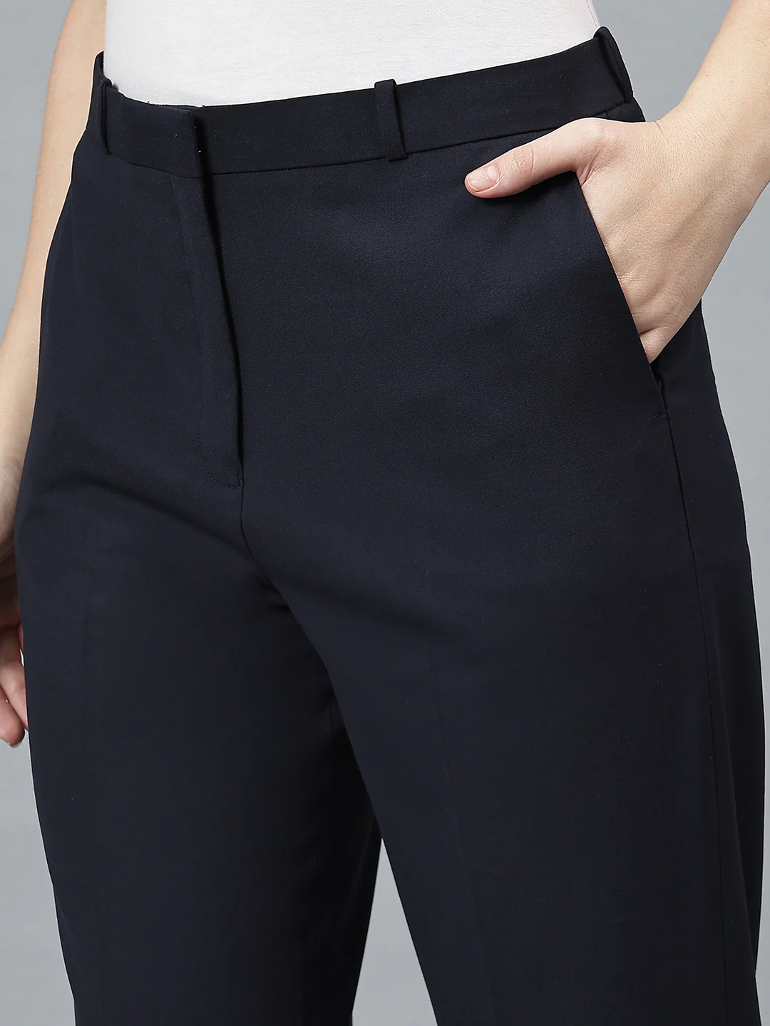 Women's Solid Navy Full length Mid Rise Trousers - Image 6