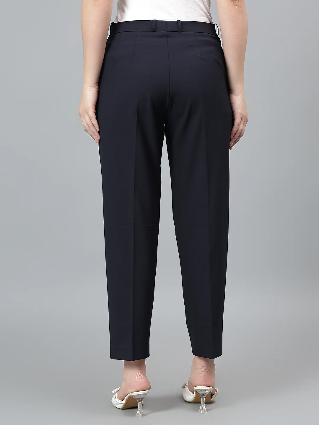 Women's Solid Navy Full length Mid Rise Trousers - Image 7