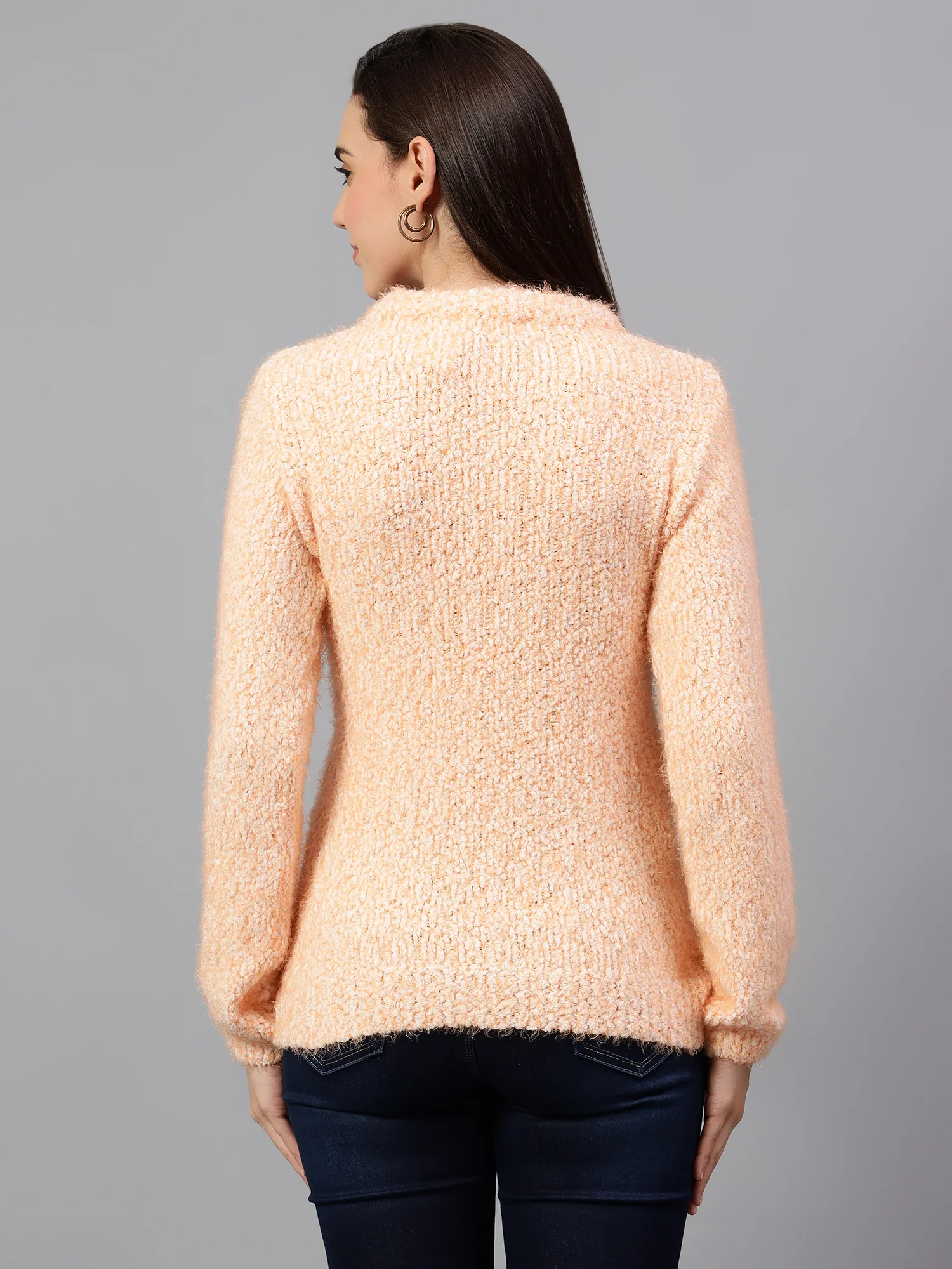 Women's Solid Orange Full Sleeve Casual Sweater - Image 2