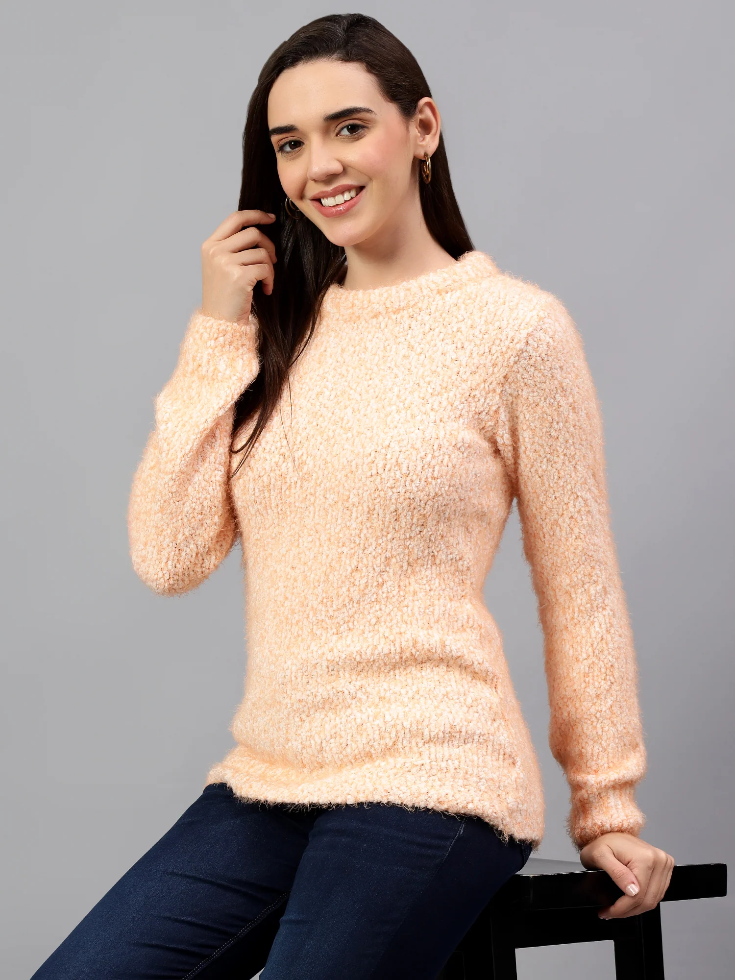 Women's Solid Orange Full Sleeve Casual Sweater - Image 3