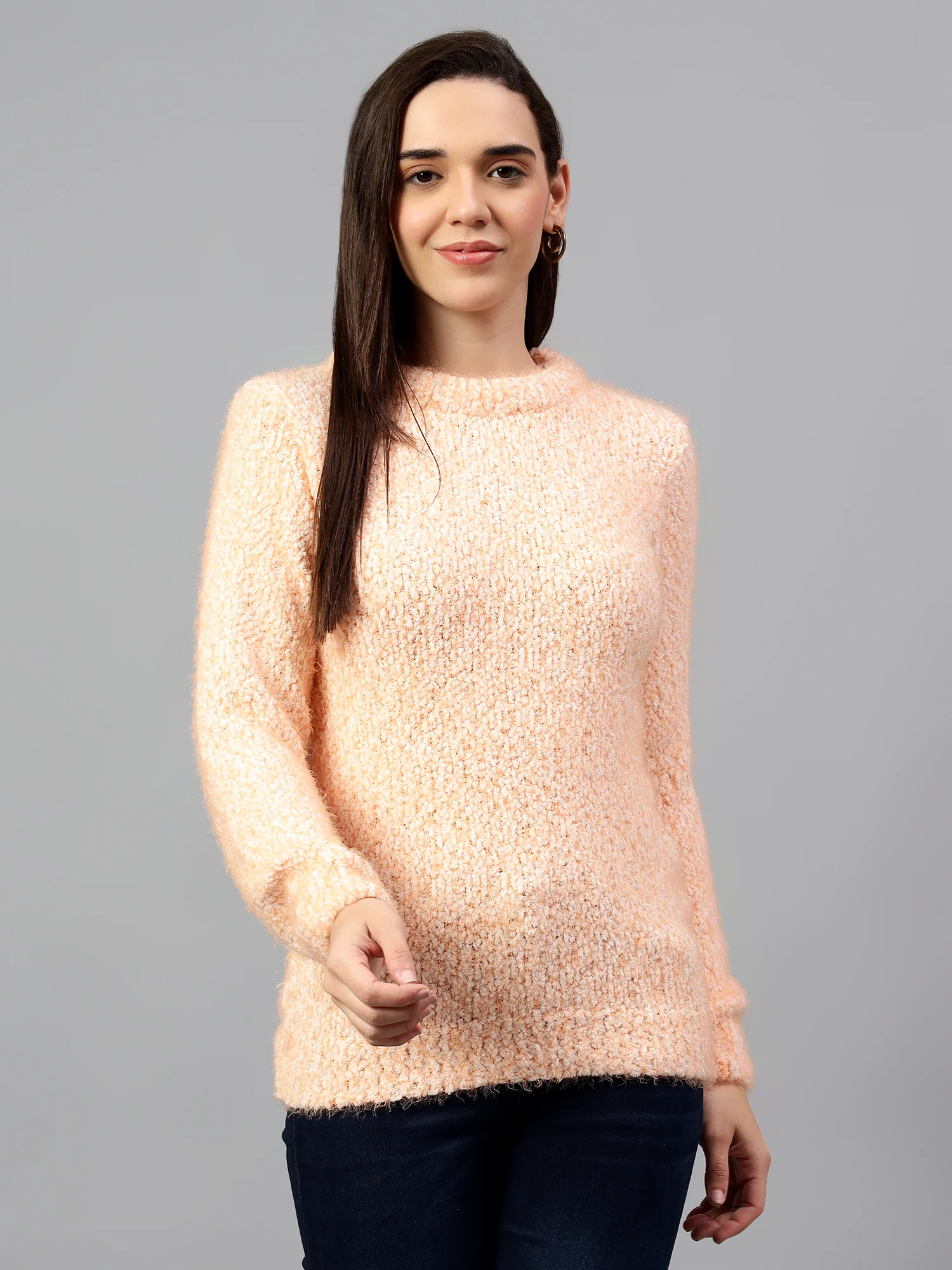 Women's Solid Orange Full Sleeve Casual Sweater - Image 4