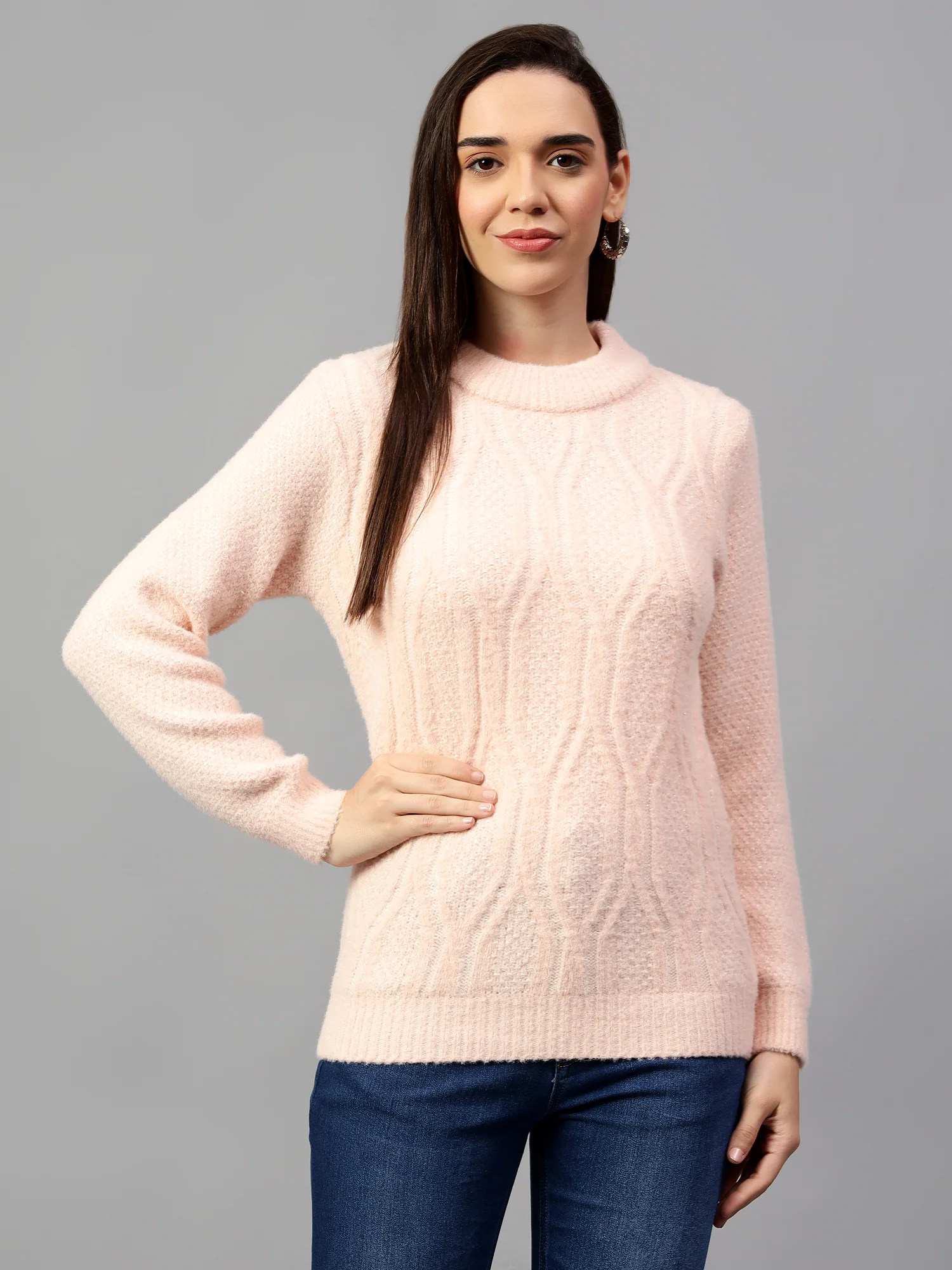 Women's Solid Pink Full Sleeve Casual Sweater - Image 3