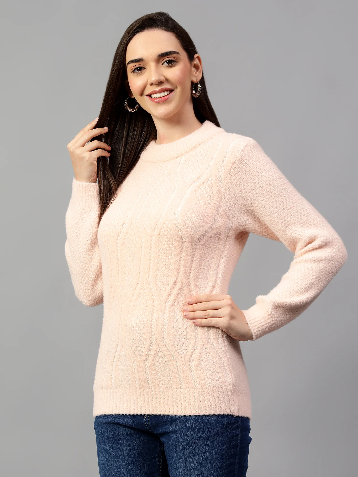 Women's Solid Pink Full Sleeve Casual Sweater - Image 4