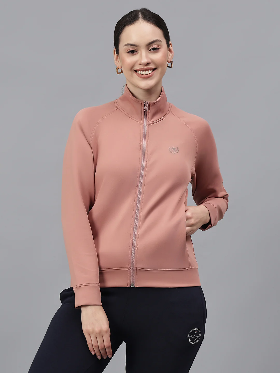 Women's Solid Pink High Neck Full Sleeves Casual Jacket - Image 2