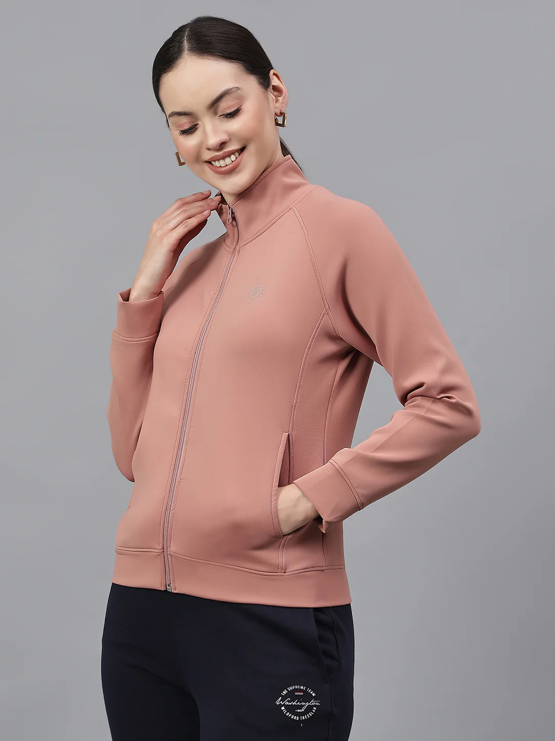 Women's Solid Pink High Neck Full Sleeves Casual Jacket - Image 3