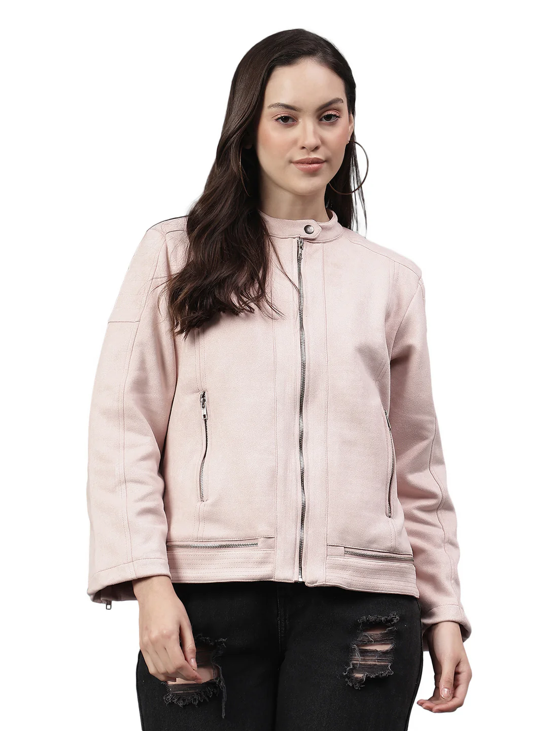 Women's Solid Pink Mock Neck Full Sleeves Casual Jacket - Image 2