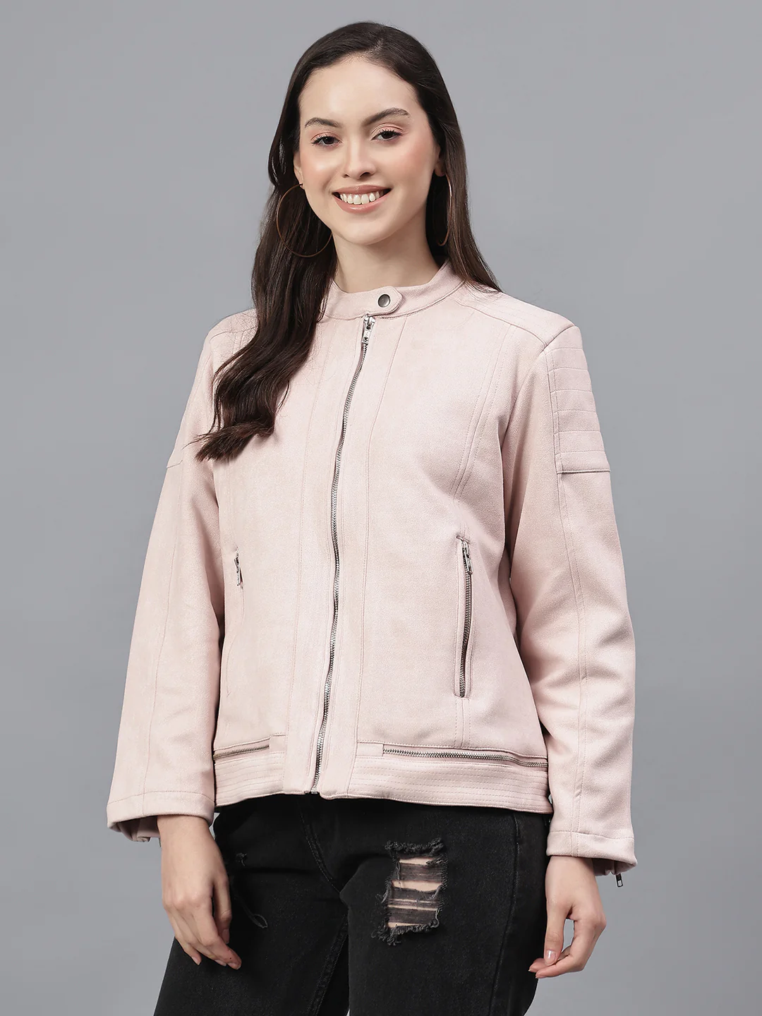 Women's Solid Pink Mock Neck Full Sleeves Casual Jacket - Image 4