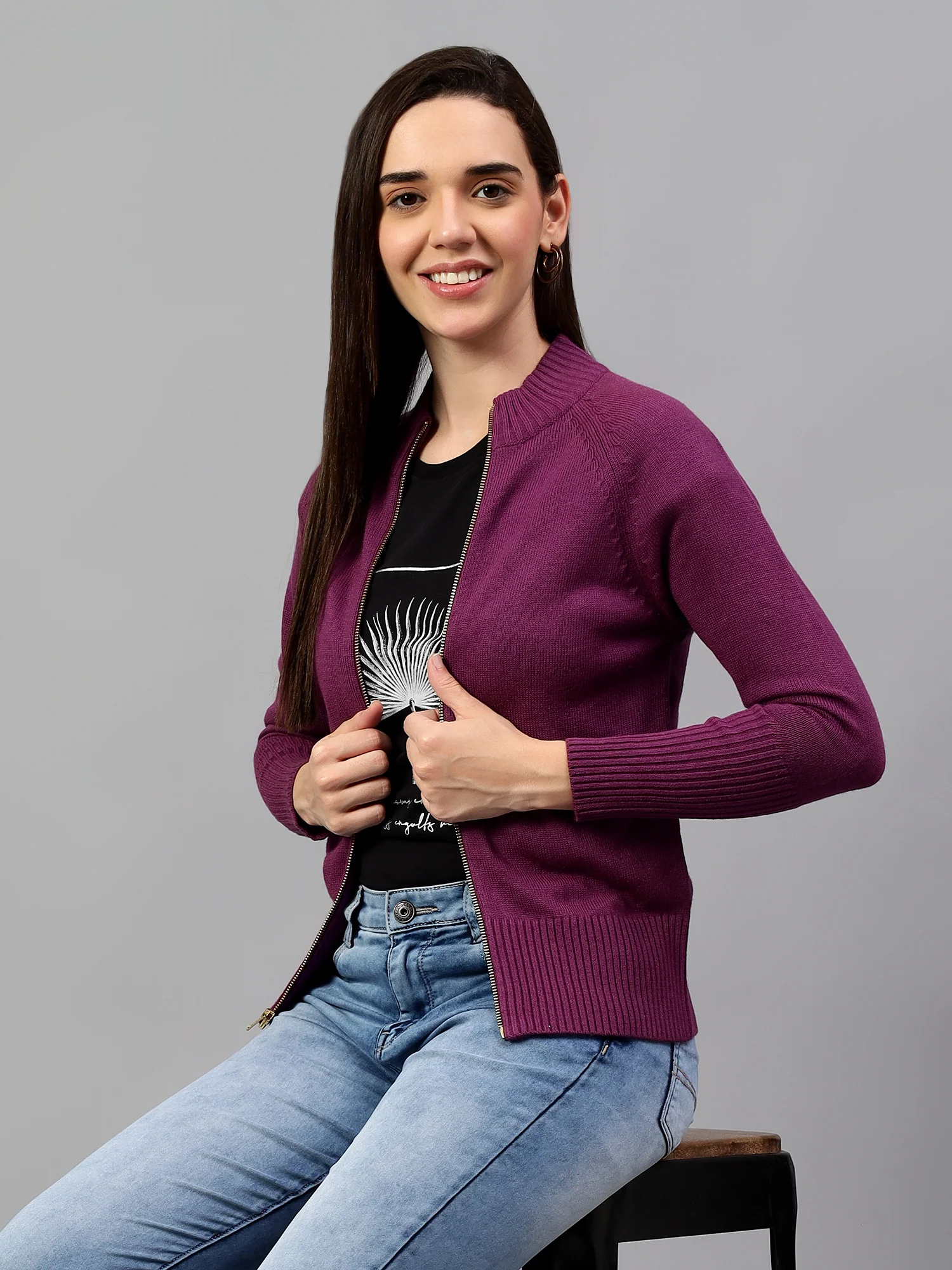 Women's Solid Purple Full Sleeve Casual Sweater - Image 2