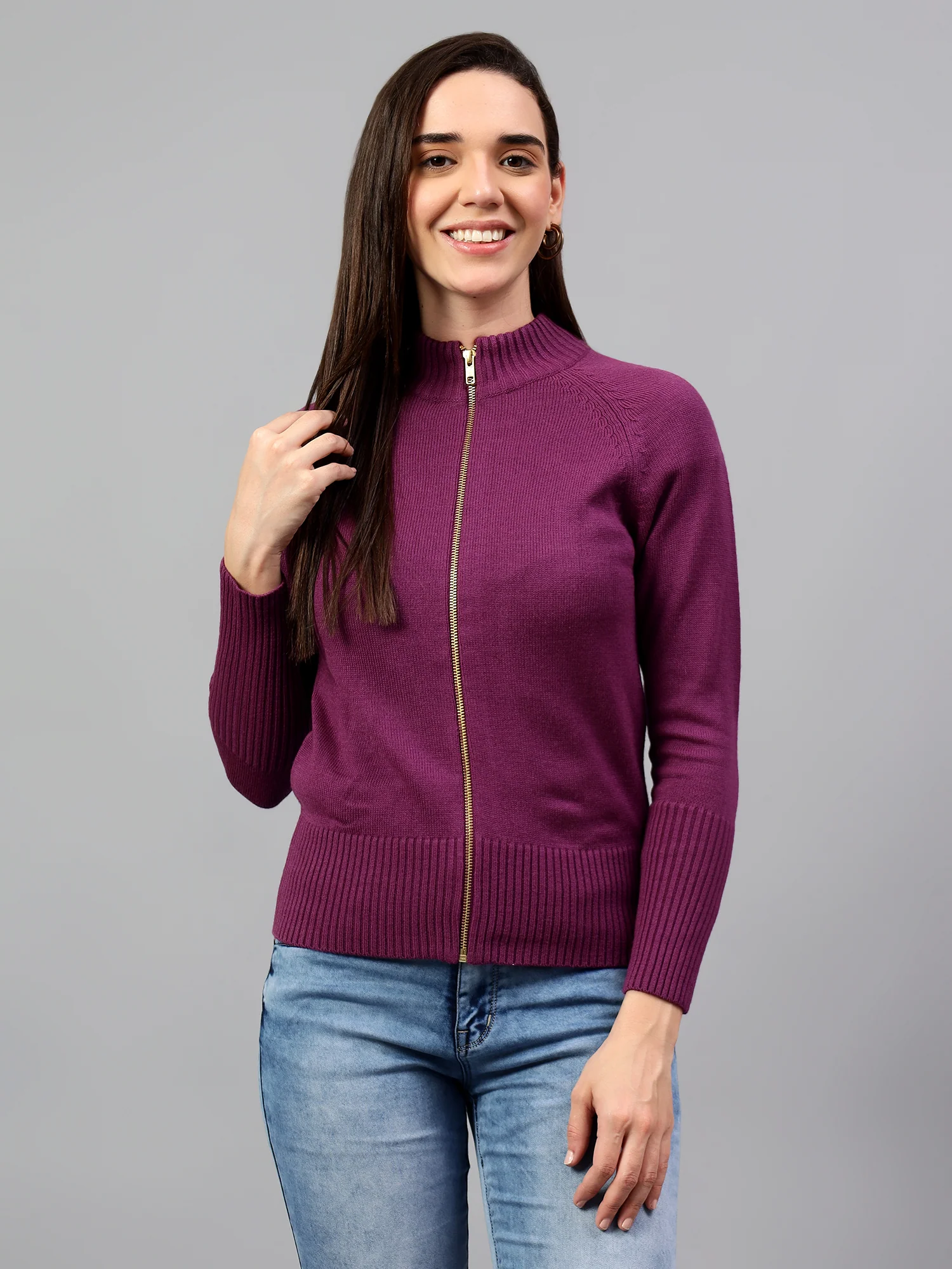 Women's Solid Purple Full Sleeve Casual Sweater - Image 3