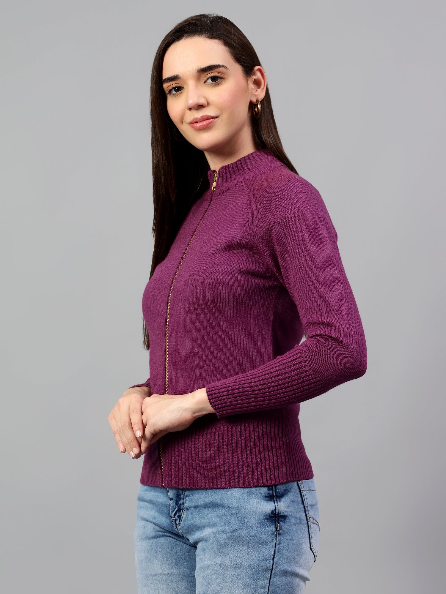 Women's Solid Purple Full Sleeve Casual Sweater - Image 4
