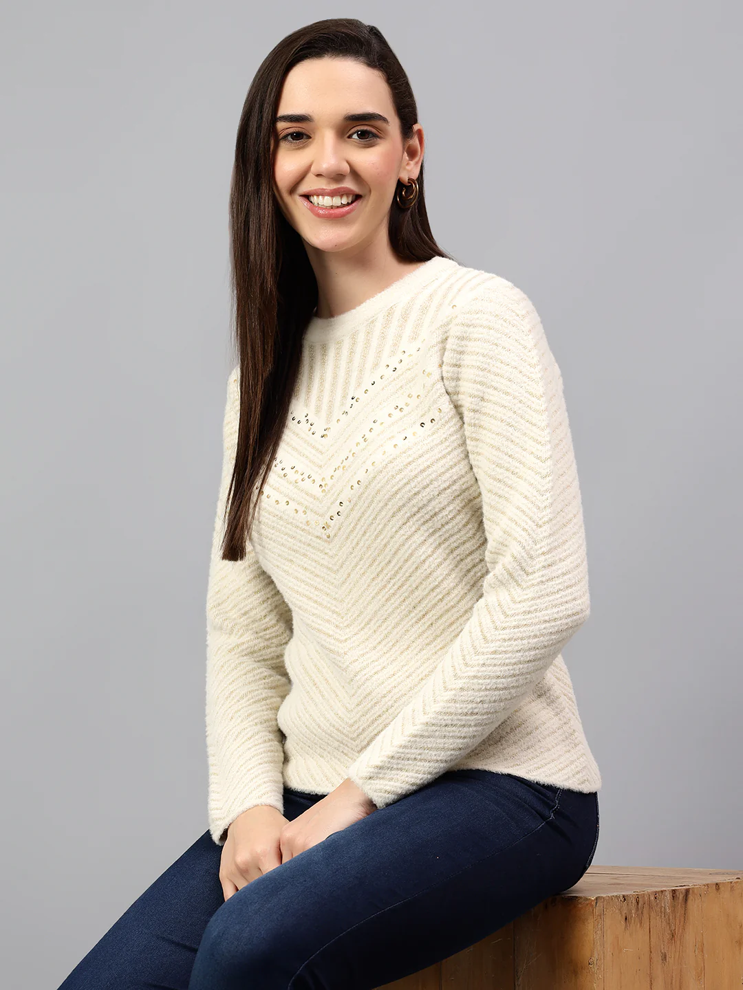 Women's Striped Beige Full Sleeve Casual Sweater - Image 2