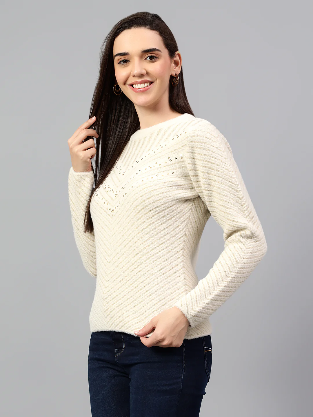 Women's Striped Beige Full Sleeve Casual Sweater - Image 4