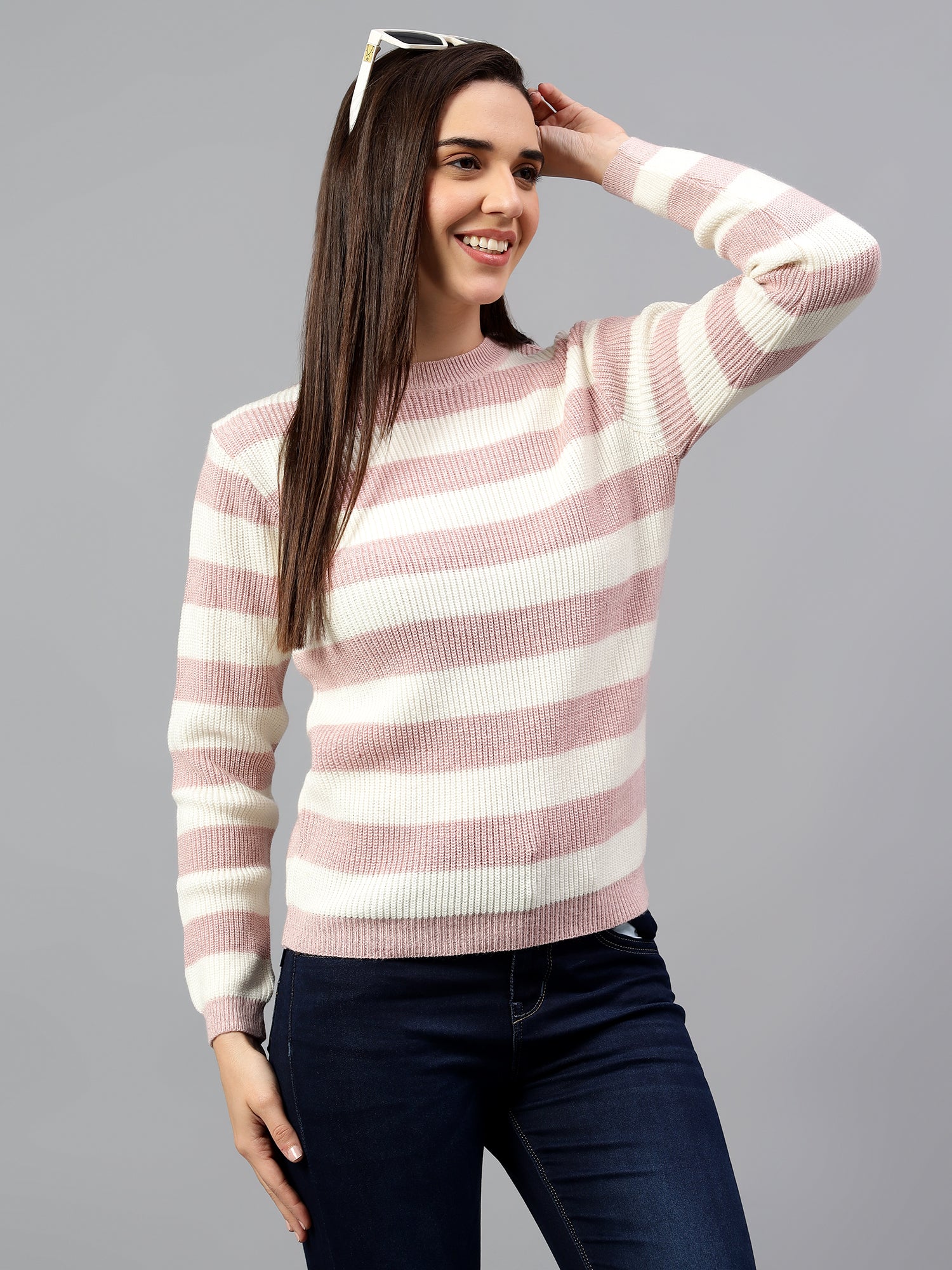 Women's Striped Pink Full Sleeve Casual Sweater - Image 2