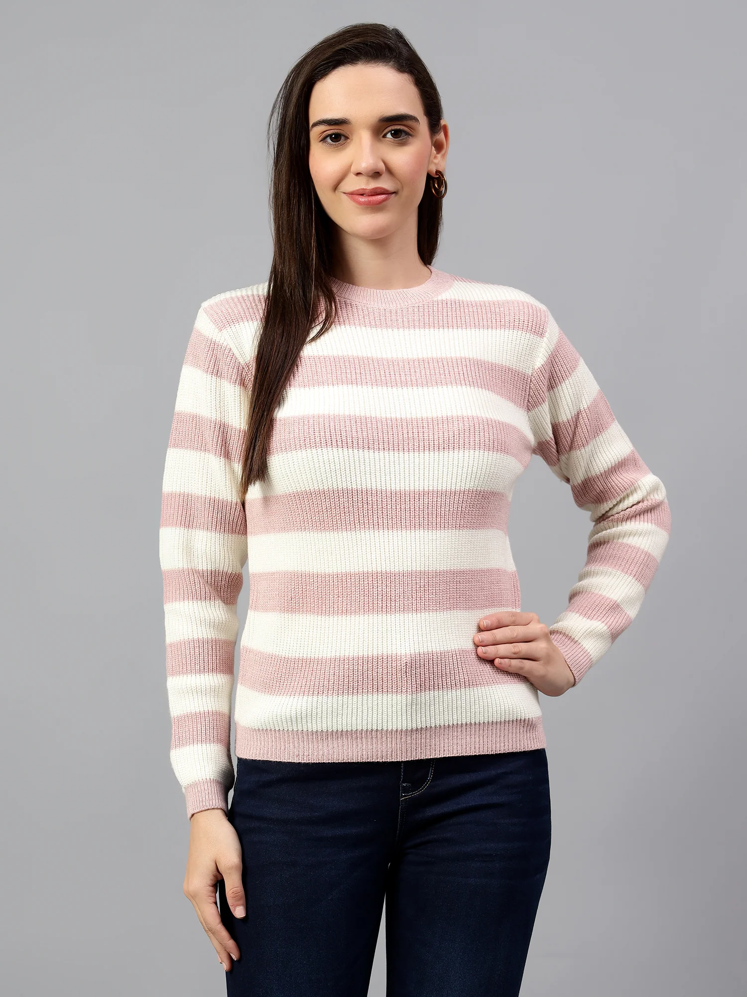 Women's Striped Pink Full Sleeve Casual Sweater - Image 3