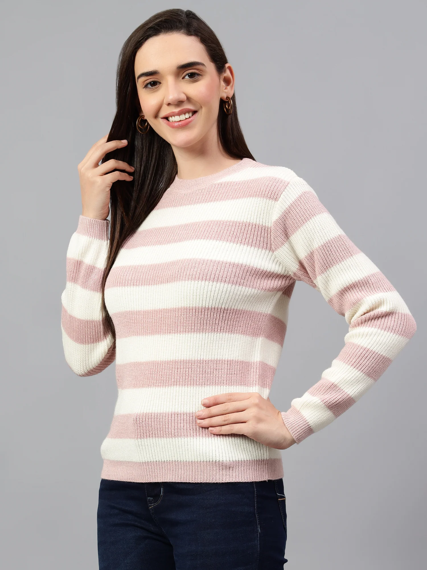 Women's Striped Pink Full Sleeve Casual Sweater - Image 4