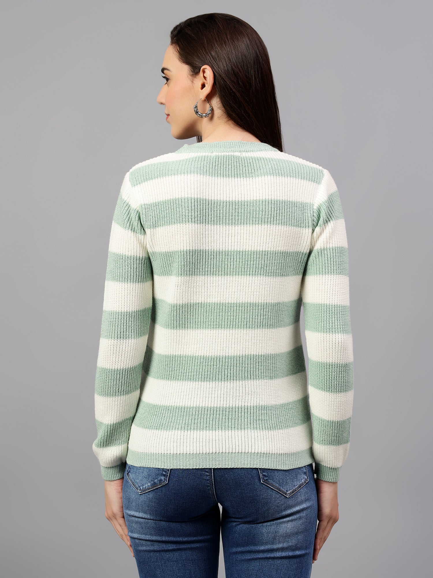 Women's Striped Sea Green Full Sleeve Casual Sweater - Image 2