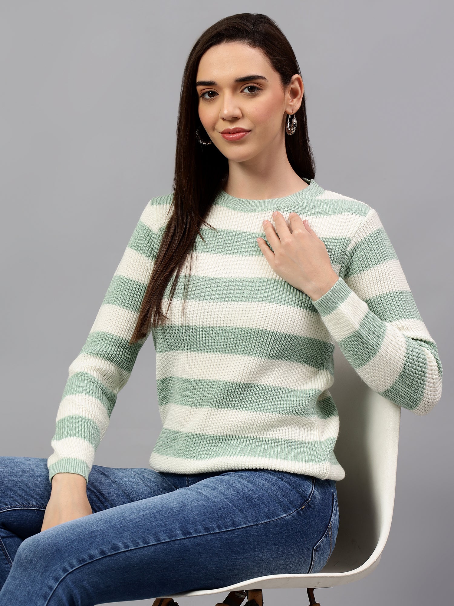 Women's Striped Sea Green Full Sleeve Casual Sweater - Image 3