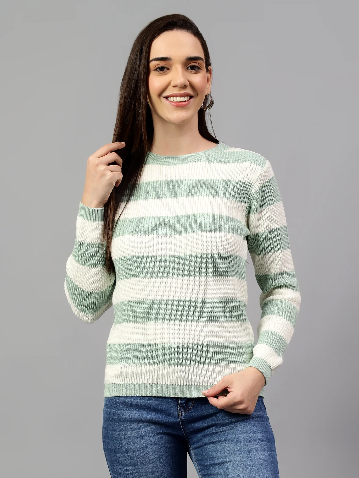 Women's Striped Sea Green Full Sleeve Casual Sweater - Image 4