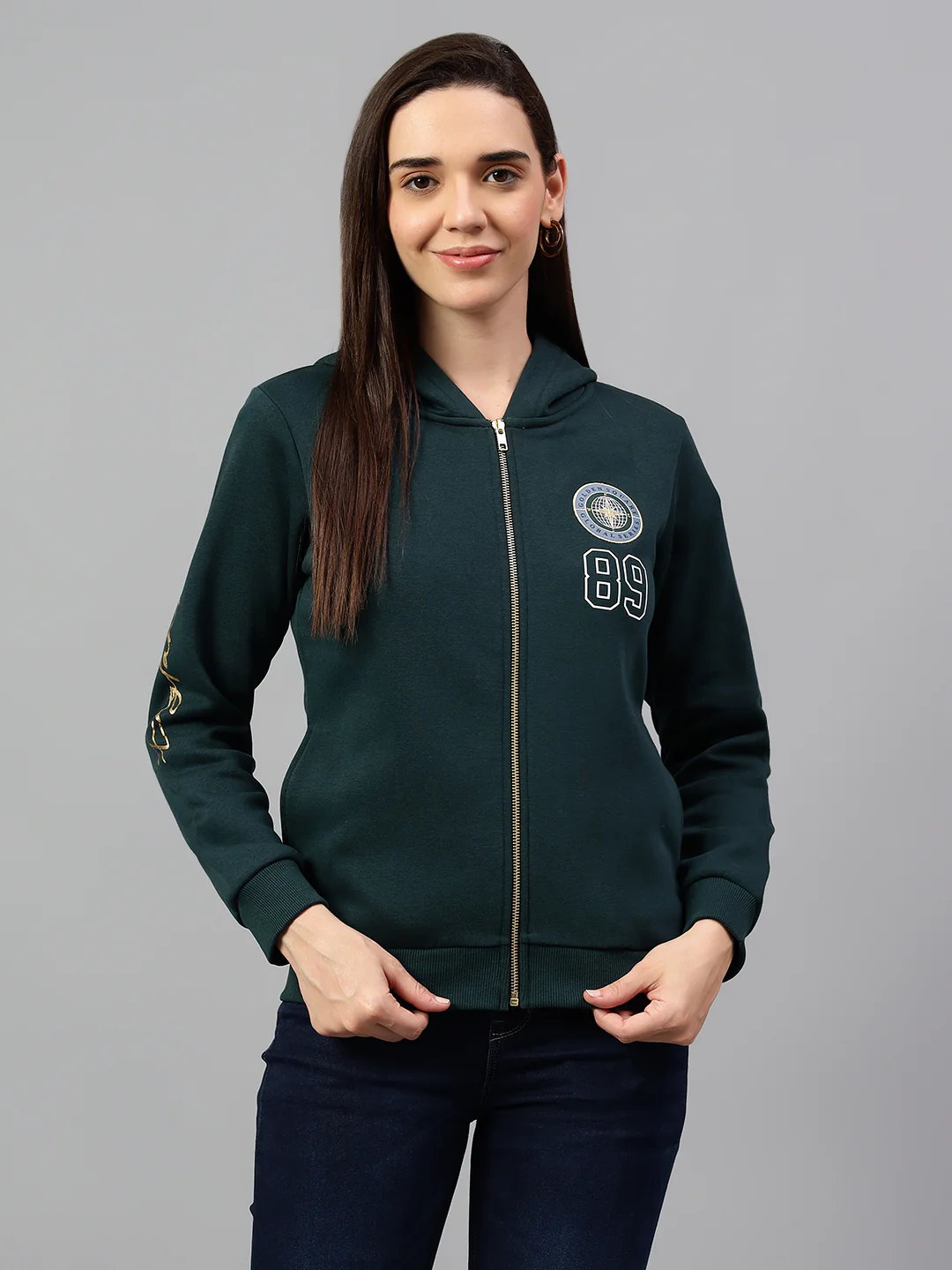 Women's Teal Green Printed Hoody Neck Sweatshirt - Image 2