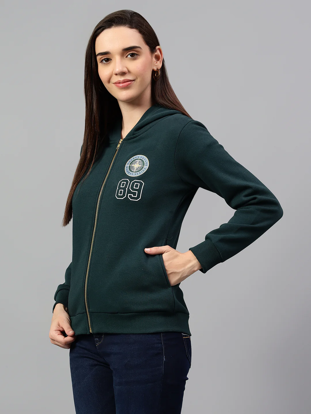Women's Teal Green Printed Hoody Neck Sweatshirt - Image 3
