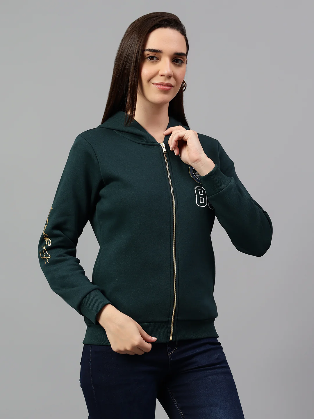 Women's Teal Green Printed Hoody Neck Sweatshirt - Image 4