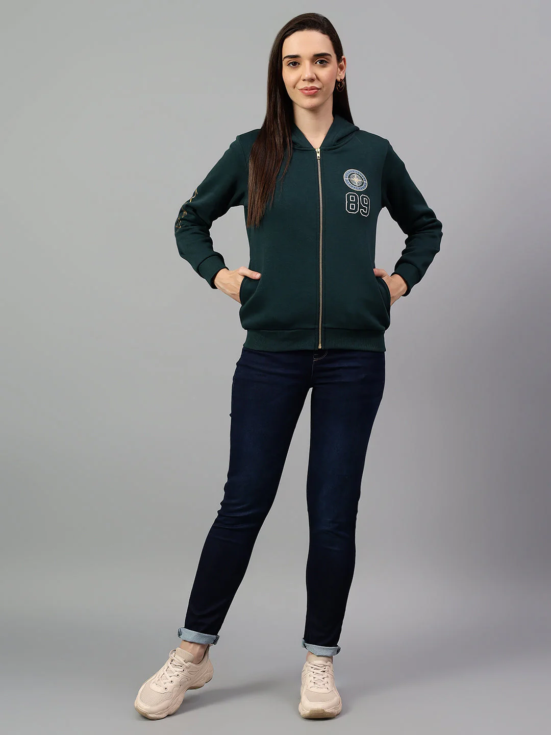 Women's Teal Green Printed Hoody Neck Sweatshirt - Image 5