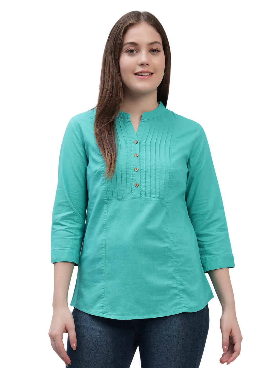 Women's Teal Solid 3/4th Sleeves Round Neck Casual Tunic - Image 2