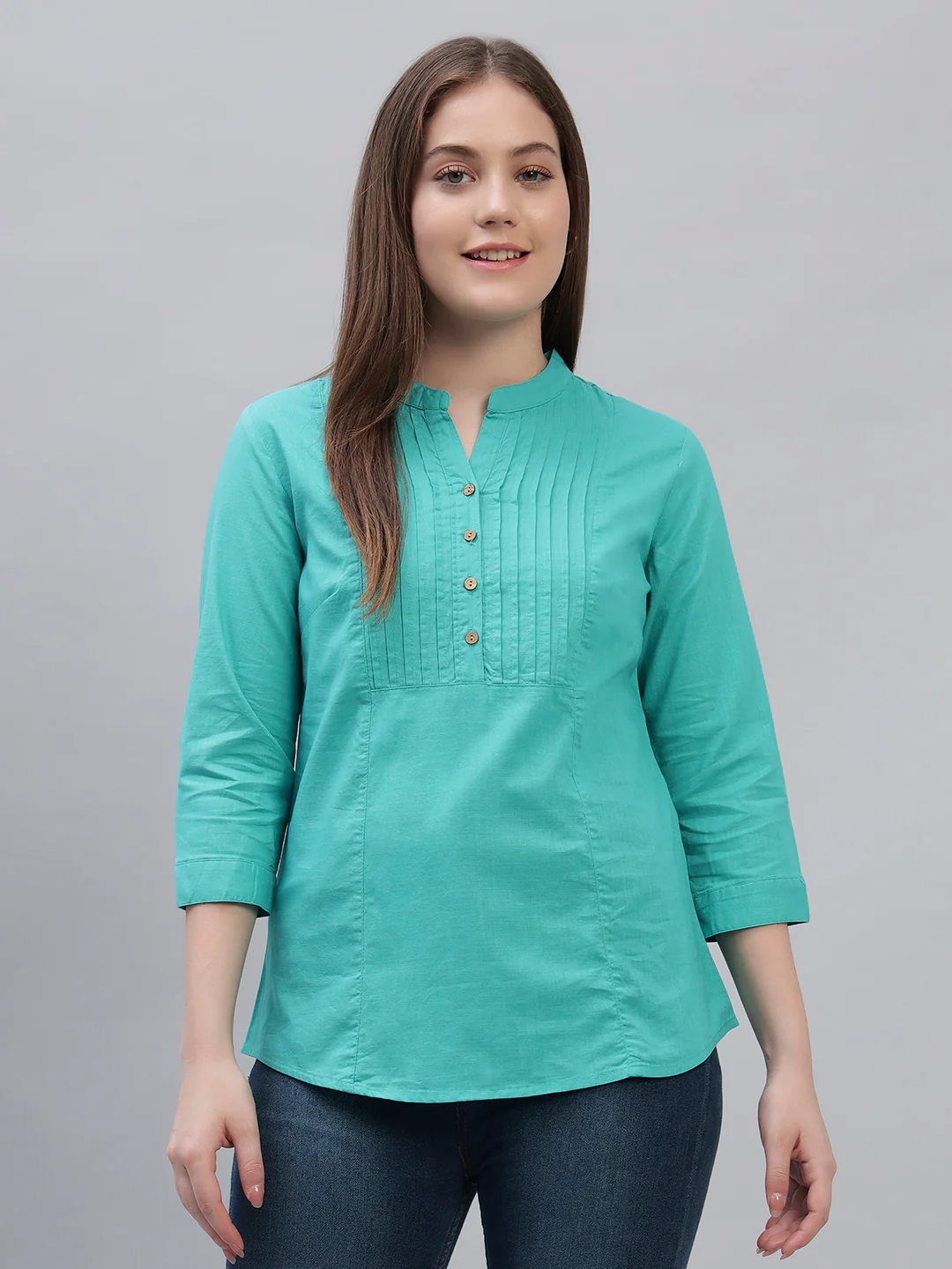 Women's Teal Solid 3/4th Sleeves Round Neck Casual Tunic - Image 3