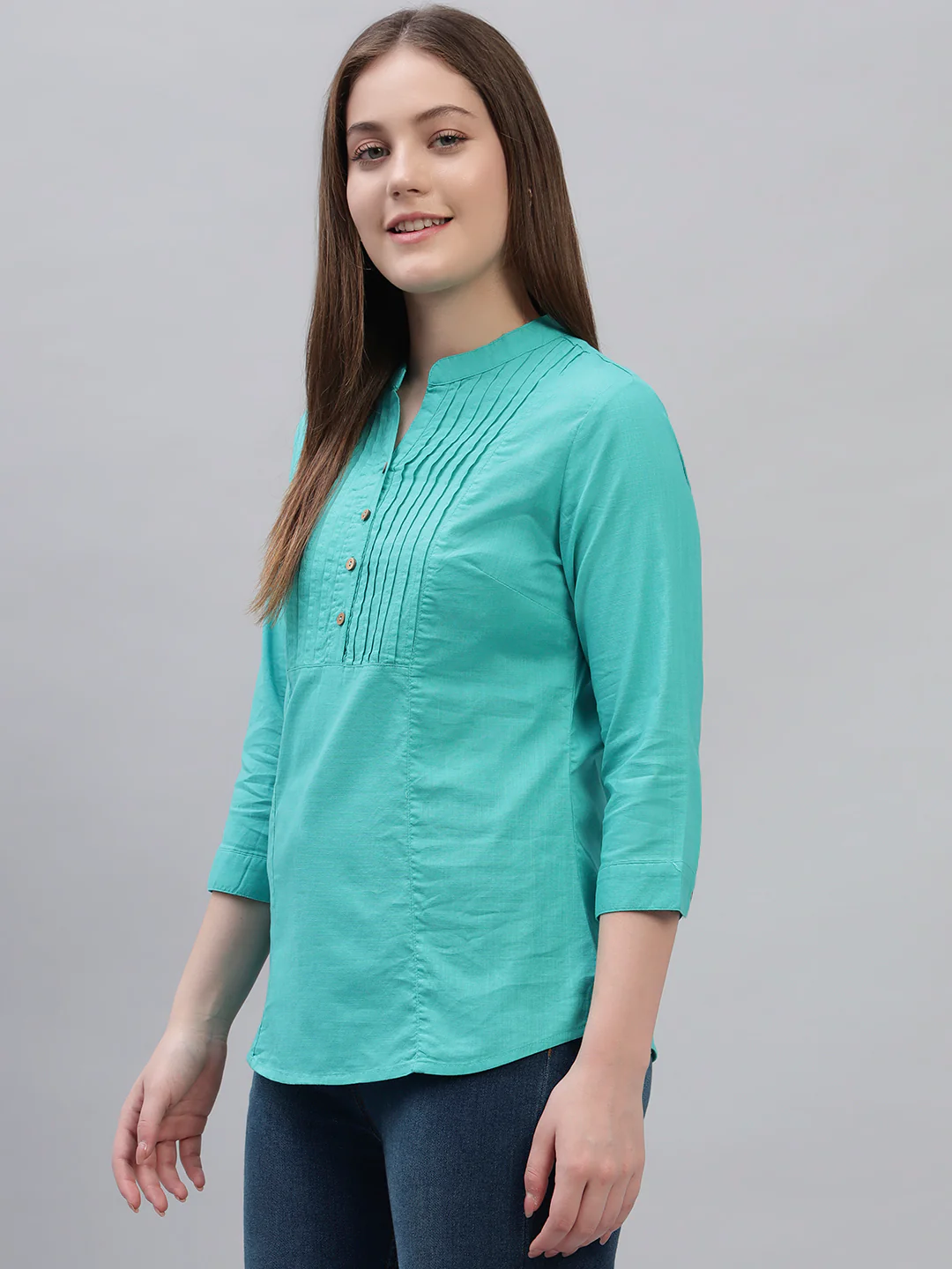 Women's Teal Solid 3/4th Sleeves Round Neck Casual Tunic - Image 4