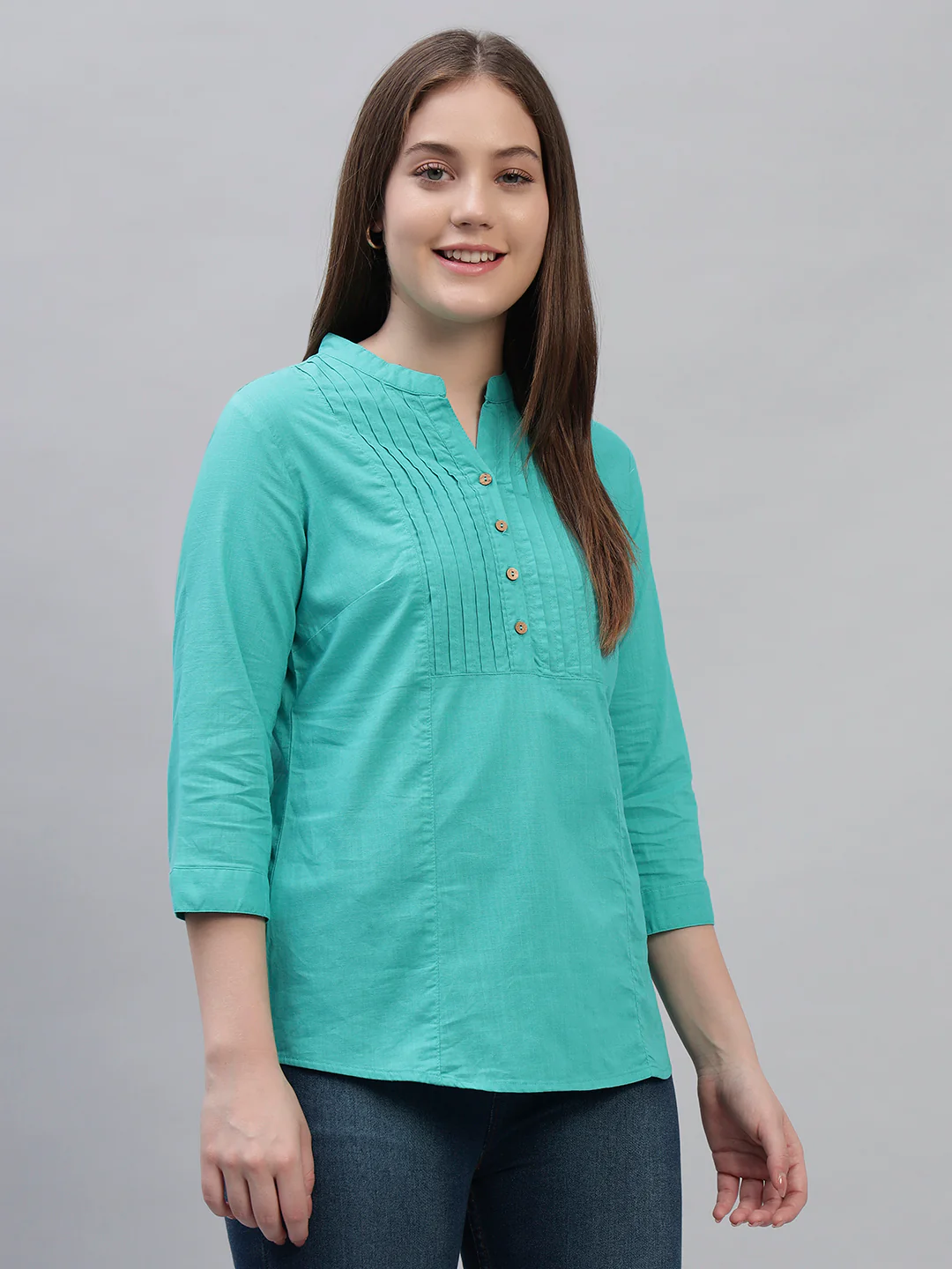 Women's Teal Solid 3/4th Sleeves Round Neck Casual Tunic - Image 5