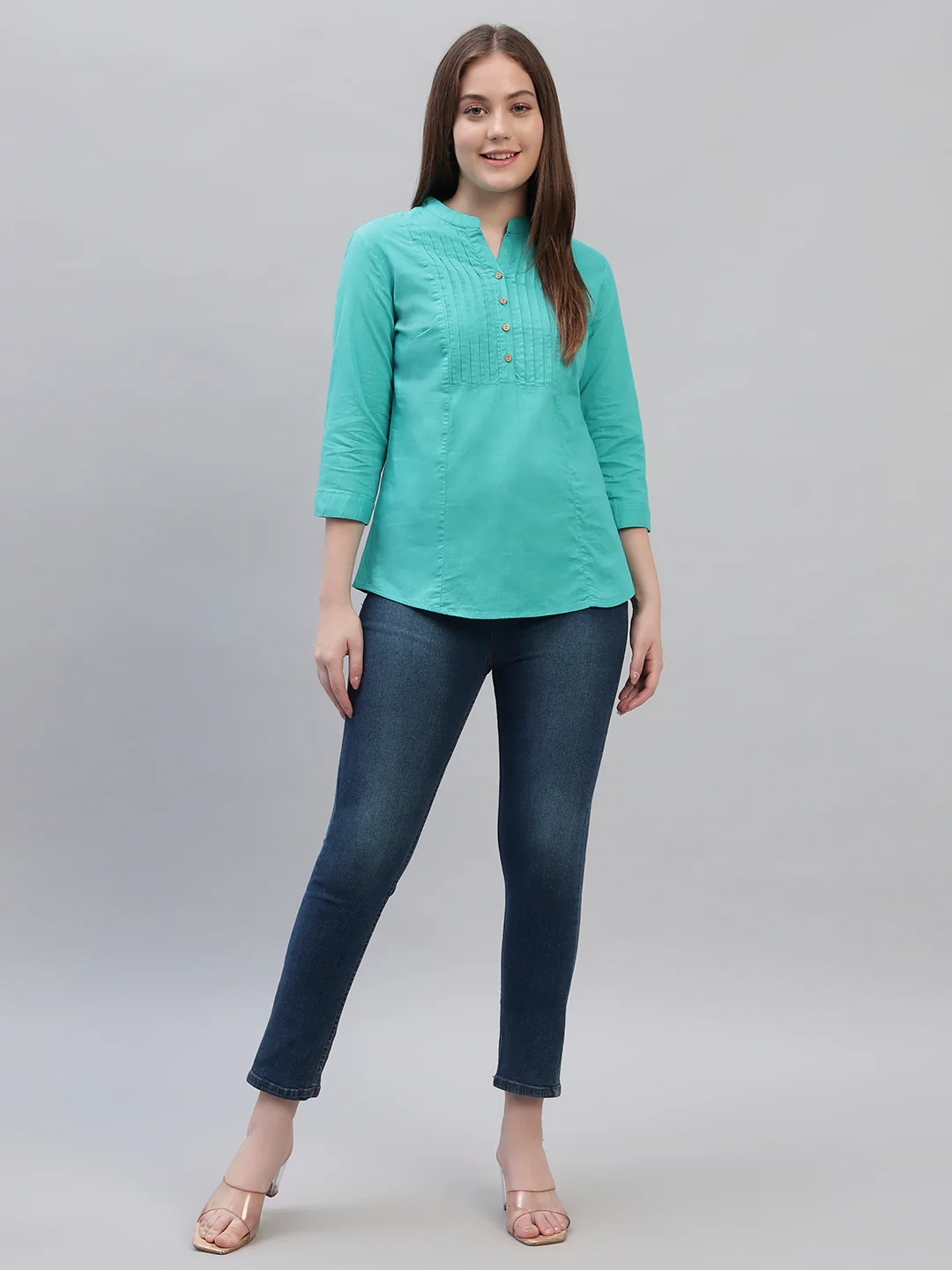 Women's Teal Solid 3/4th Sleeves Round Neck Casual Tunic - Image 6