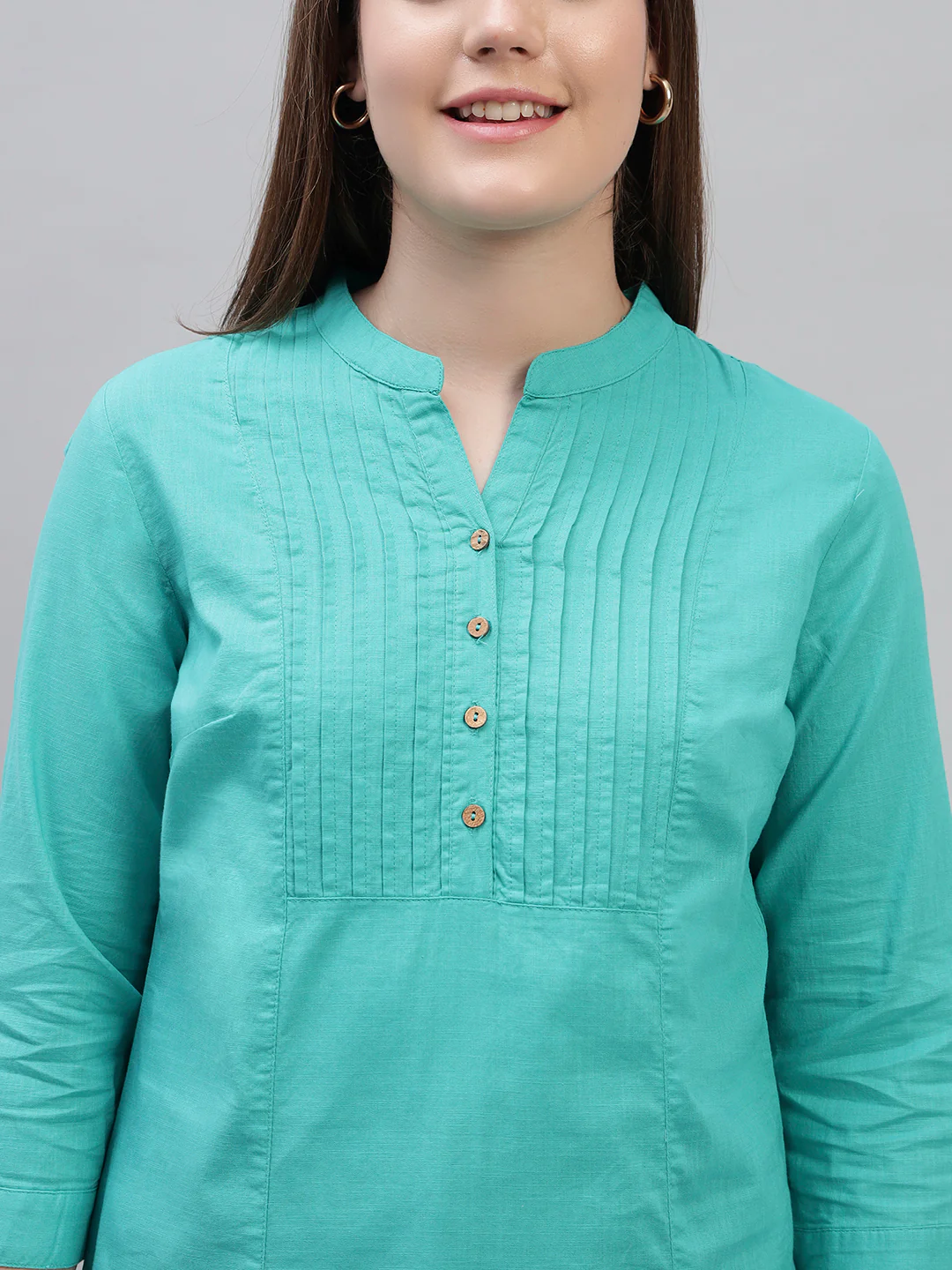 Women's Teal Solid 3/4th Sleeves Round Neck Casual Tunic - Image 7