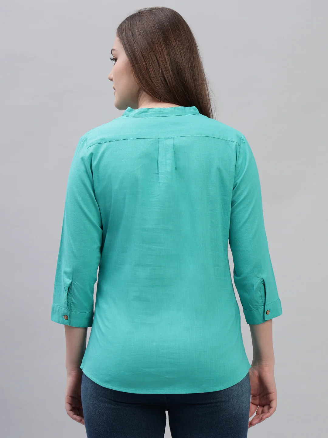 Women's Teal Solid 3/4th Sleeves Round Neck Casual Tunic - Image 8