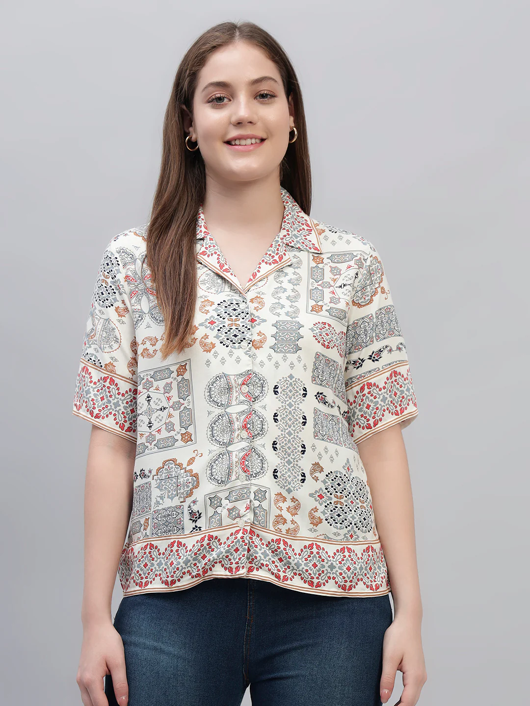 Women's White Printed Half Sleeves Spread Collar Casual Top - Image 2