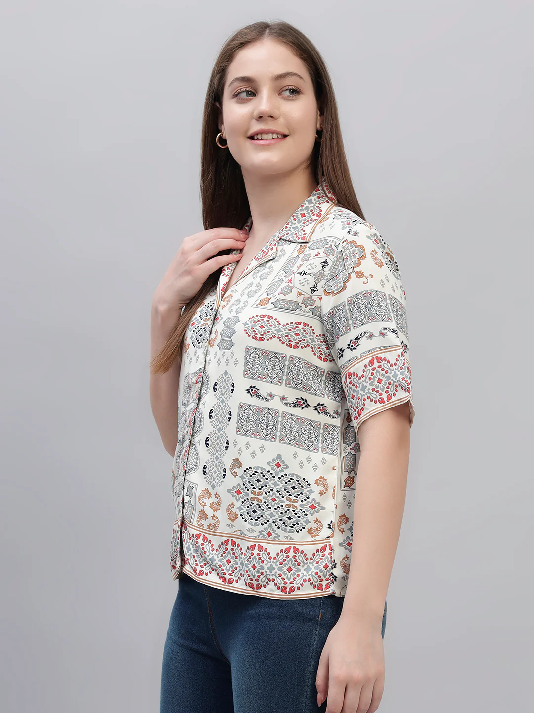 Women's White Printed Half Sleeves Spread Collar Casual Top - Image 3