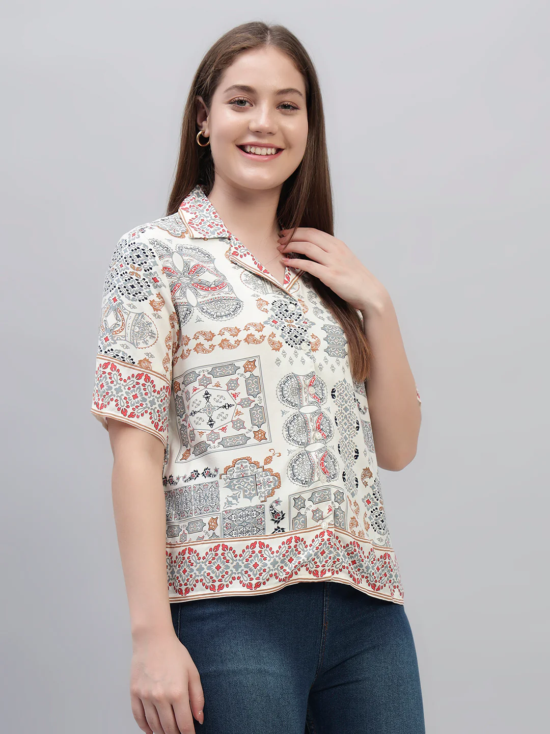 Women's White Printed Half Sleeves Spread Collar Casual Top - Image 4