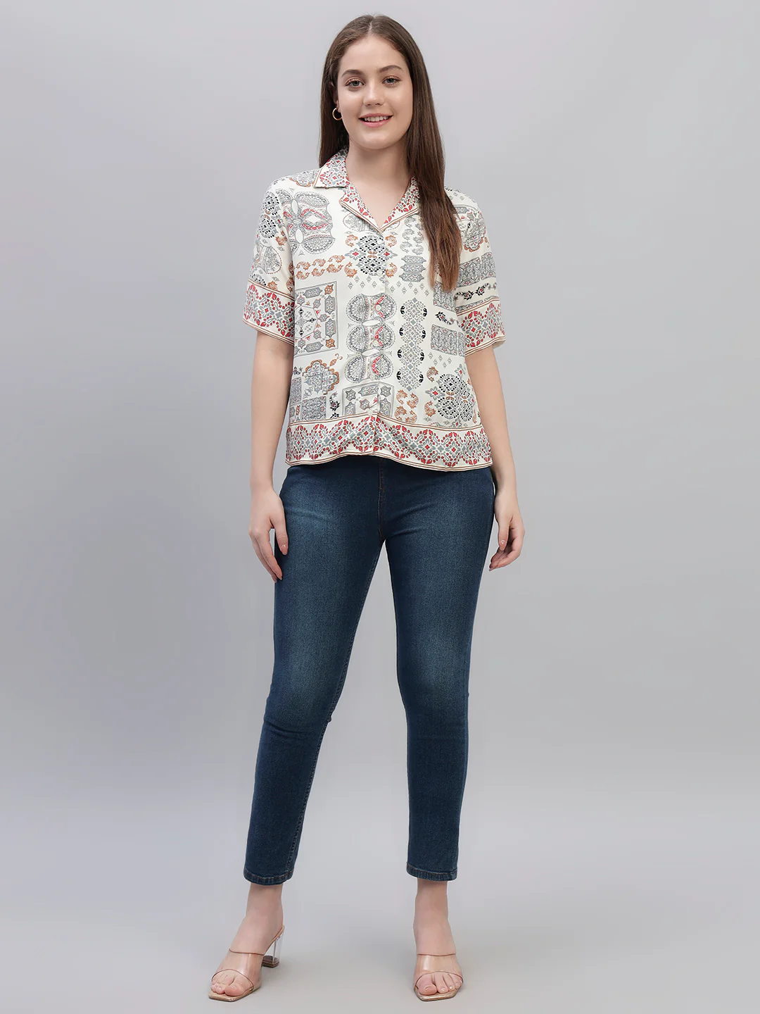 Women's White Printed Half Sleeves Spread Collar Casual Top - Image 5