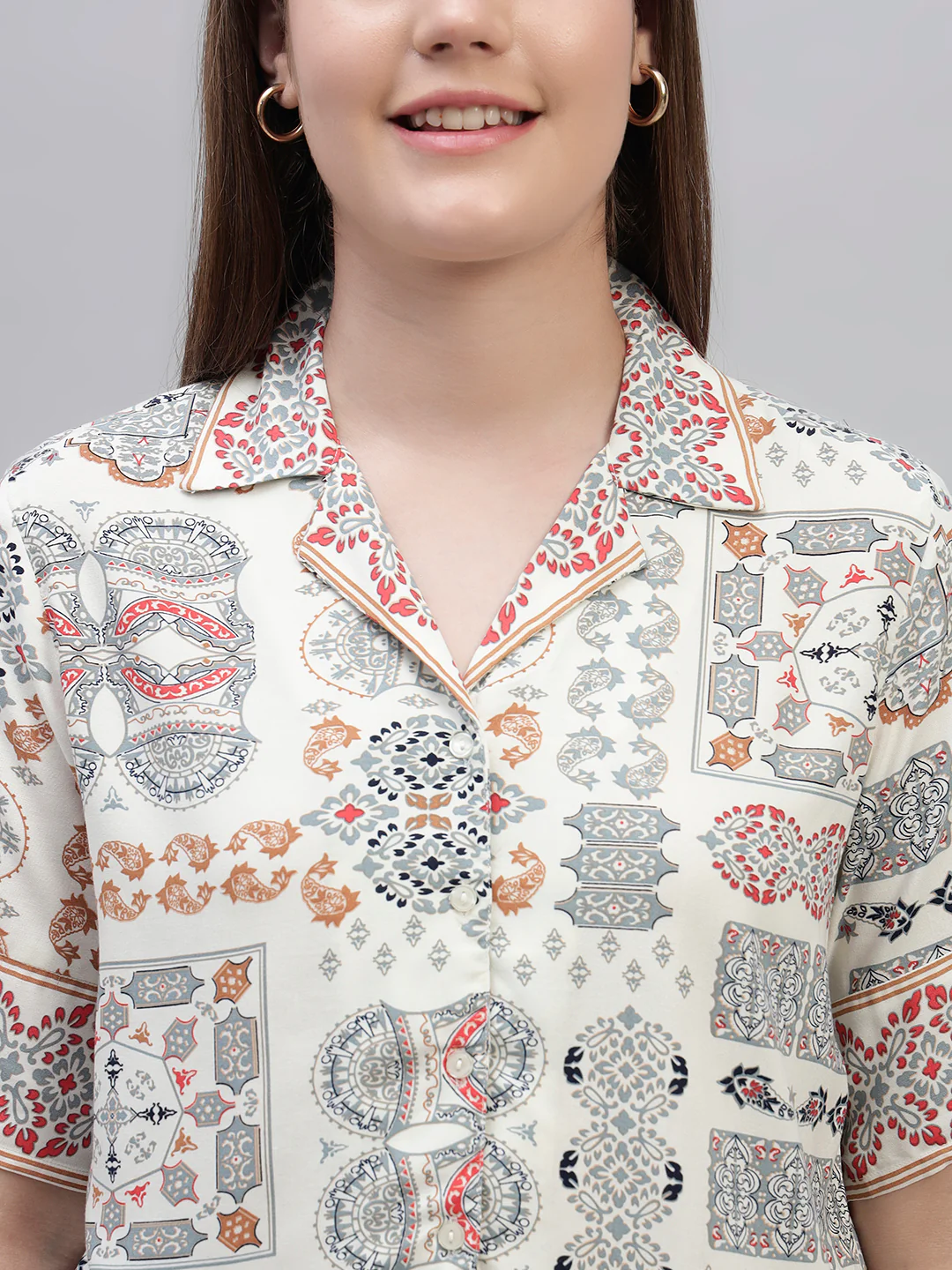 Women's White Printed Half Sleeves Spread Collar Casual Top - Image 6