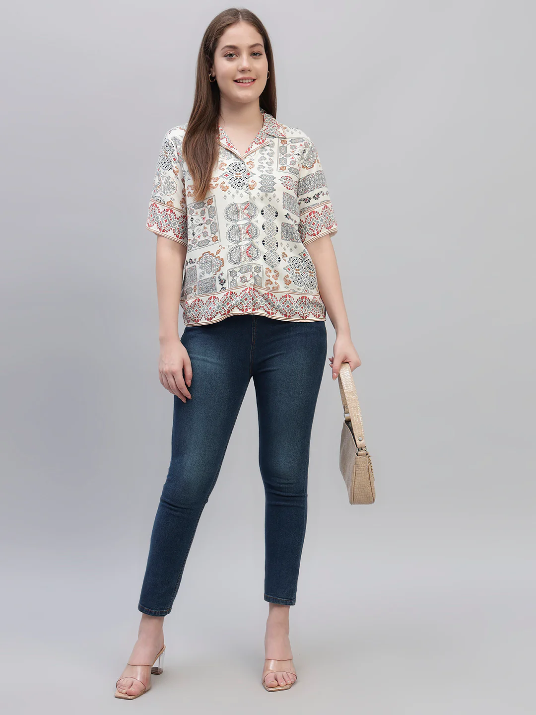 Women's White Printed Half Sleeves Spread Collar Casual Top - Image 7