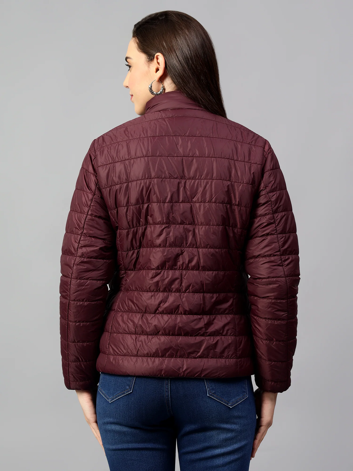 Women's Wine and Purple Solid Reversible Winter Jacket - Image 3