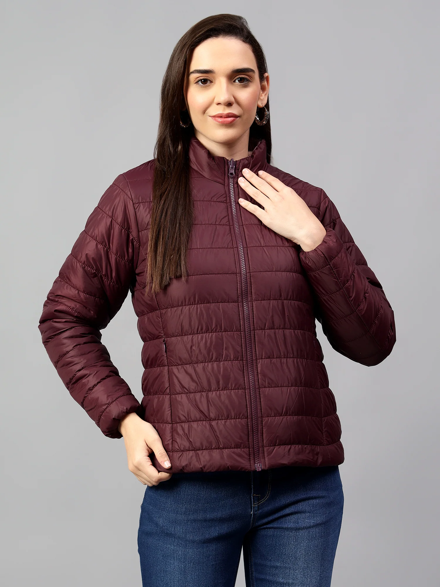 Women's Wine and Purple Solid Reversible Winter Jacket - Image 4