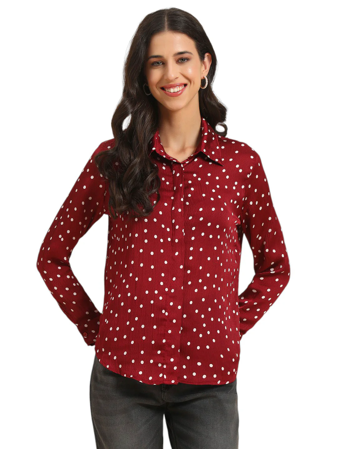 Women's Wine Polka Dot Full Sleeve Spread Collar Casual Top - Image 3